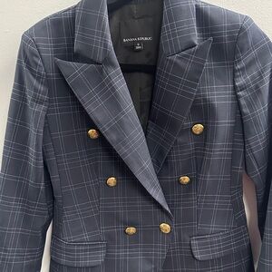 Banana Republic Navy Windowpane Double-Breasted Blazer with Gold Buttons